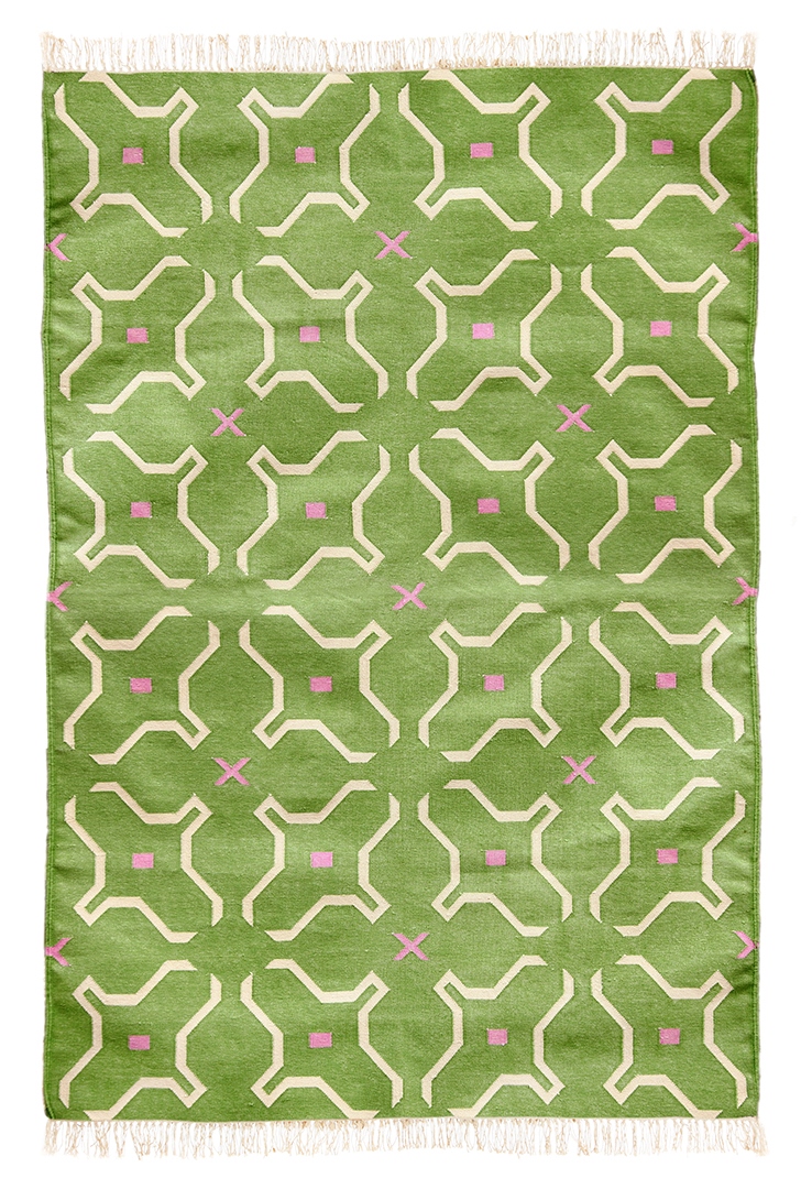 Namoonon Green Pink And Cream Dhurrie, Pink And Green Rug