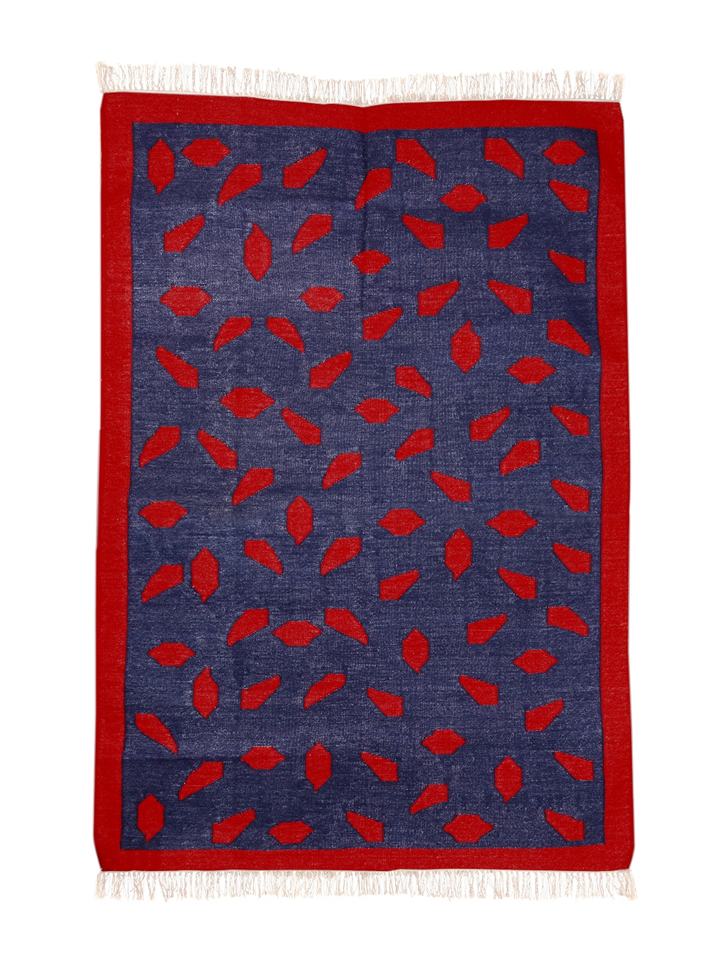 PATTA-Deep red and blue wool & cotton Dhurrie (rug) - Mahout Lifestyle